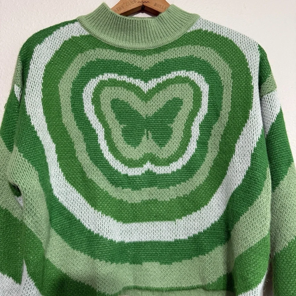 DIVIDED H&M Sweater Women Sz XS Green White Butterfly Cropped Boxy Knit Pullover